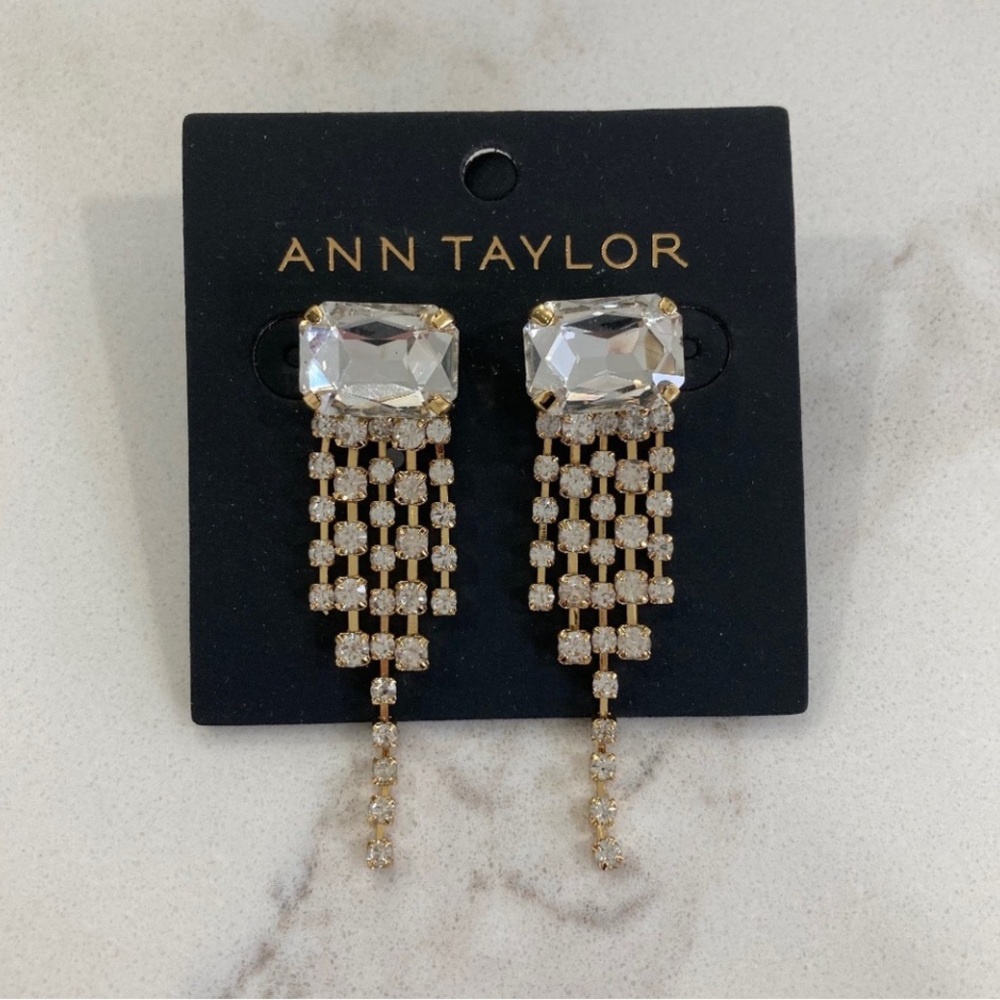 Ann Taylor Gold Rhinestone Crystal Strand Chandelier Earrings